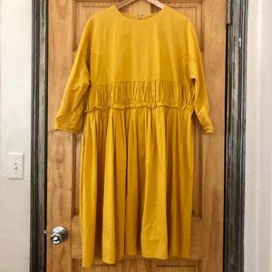 Mustard Pleated Long-Sleeved Dress